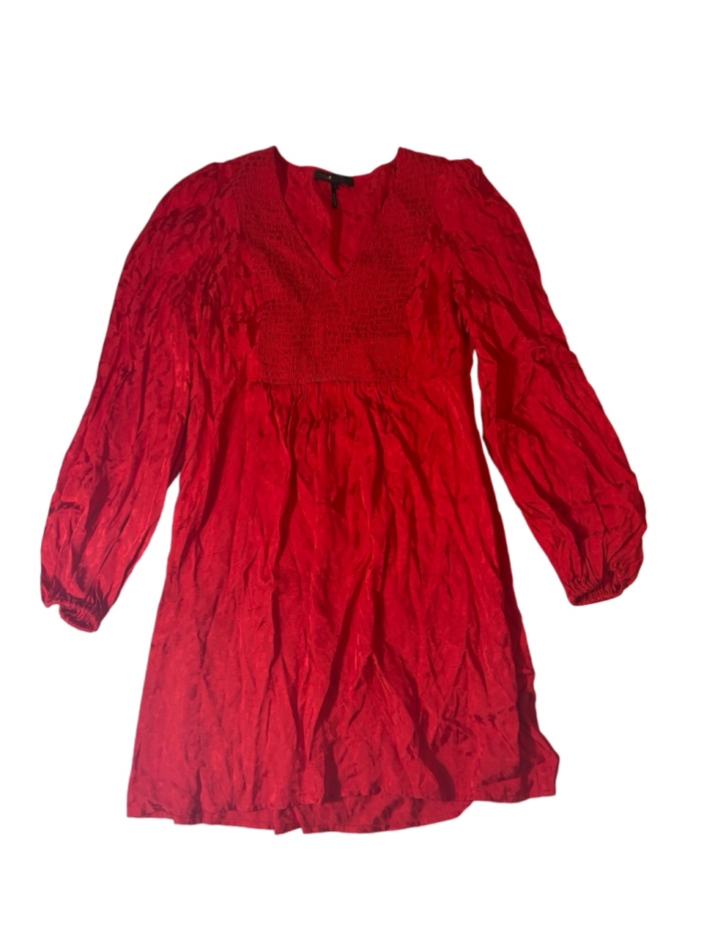 Maje Rimine Red Jacquard Smocked Mini Dress Size 2 Puff Sleeve Holiday